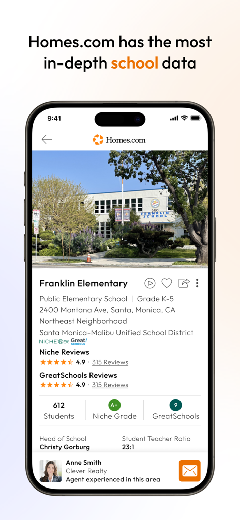 Homes.com app interface displaying detailed school rankings and demographic data for an elementary school.