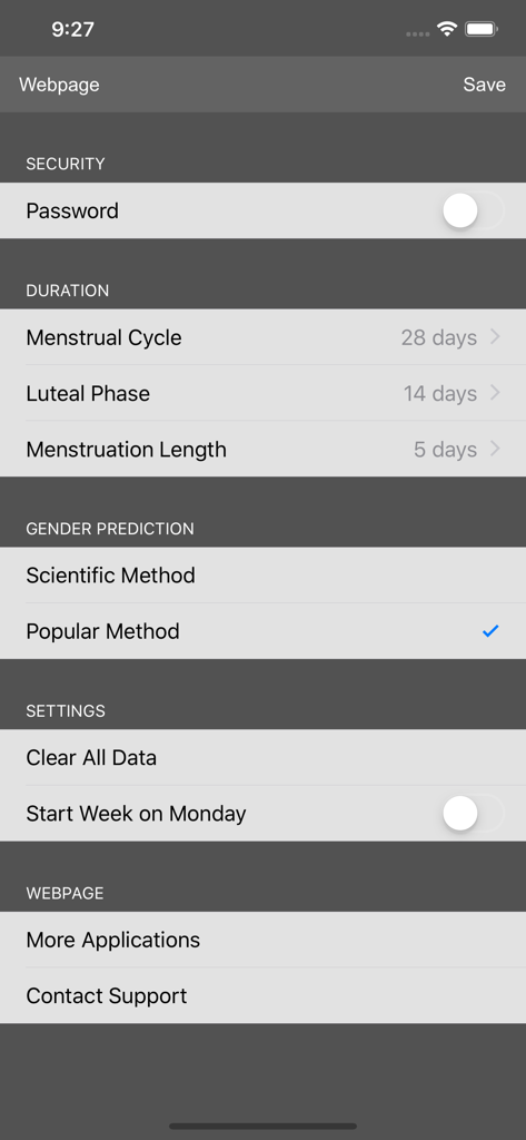 Menstrual Periods Tracker - Settings screen of the Menstrual Periods Tracker app displaying cycle duration and gender prediction options.