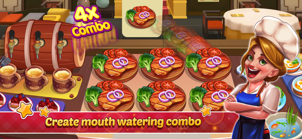 Kitchen Madness - Cooking Game - A smiling female chef next to several steak dishes with a 4x combo achievement in a restaurant simulation game.