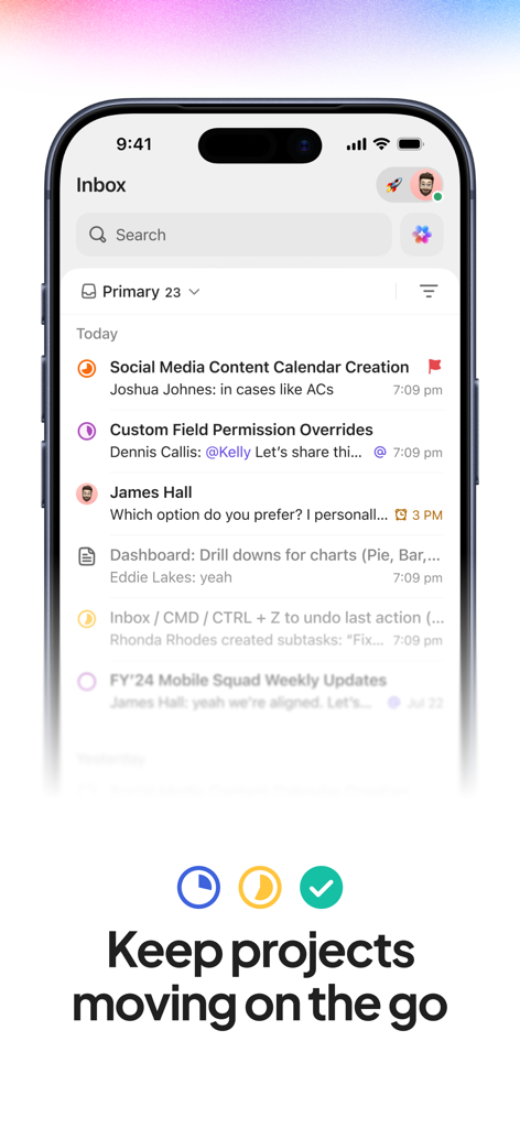 ClickUp: Tasks, Chat, Docs, AI - ClickUp mobile app inbox screen showing project tasks and team updates