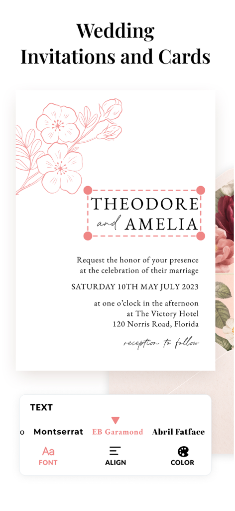 Invitation Maker Wedding Cards - Mobile screen showing a floral wedding invitation design with text editing options for fonts and alignment