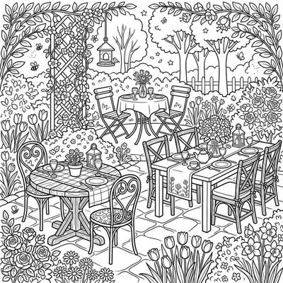 Welcome the beauty of spring with this delightful coloring page featuring various outdoor dining room sets ready for a garden party. Immerse yourself in a serene scene filled with blooming flowers, charming furniture, and the promise of warm weather.