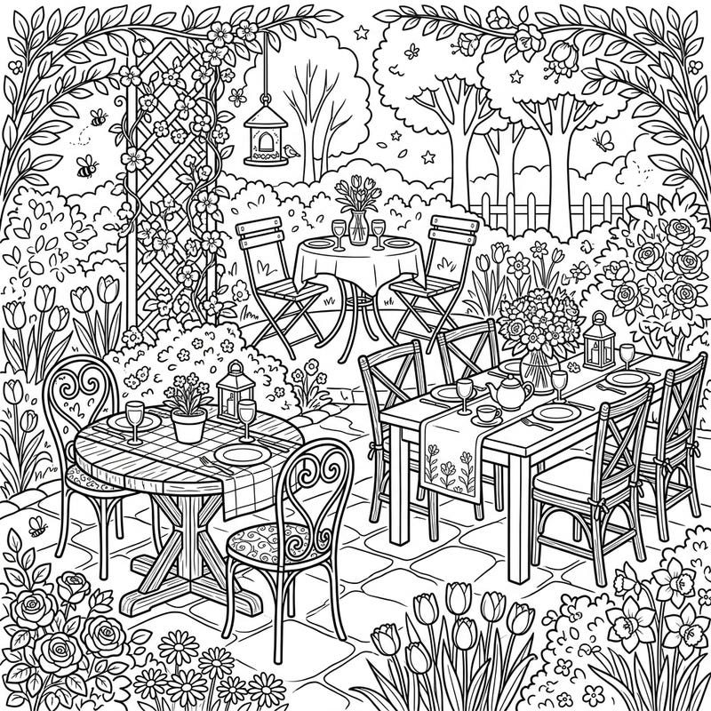 Welcome the beauty of spring with this delightful coloring page featuring various outdoor dining room sets ready for a garden party. Immerse yourself in a serene scene filled with blooming flowers, charming furniture, and the promise of warm weather.