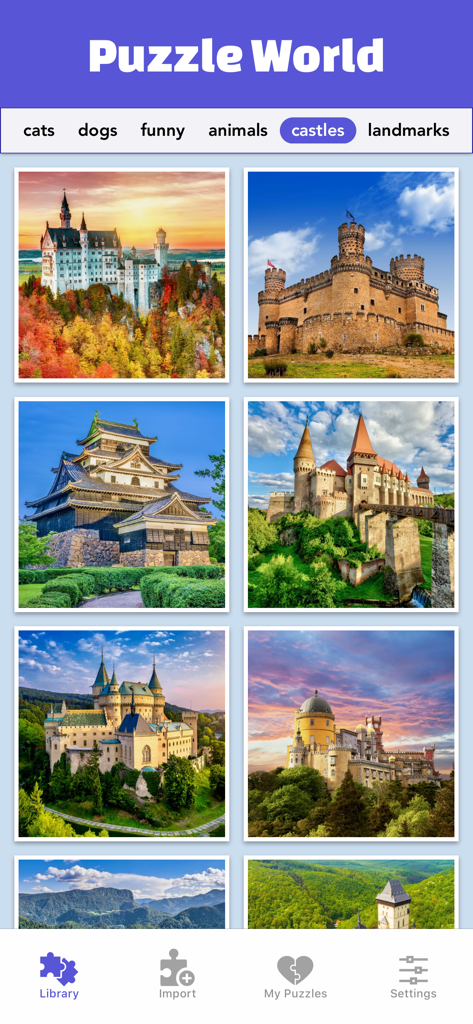 Galería de puzles de castillos en la biblioteca de la aplicación Puzzle World