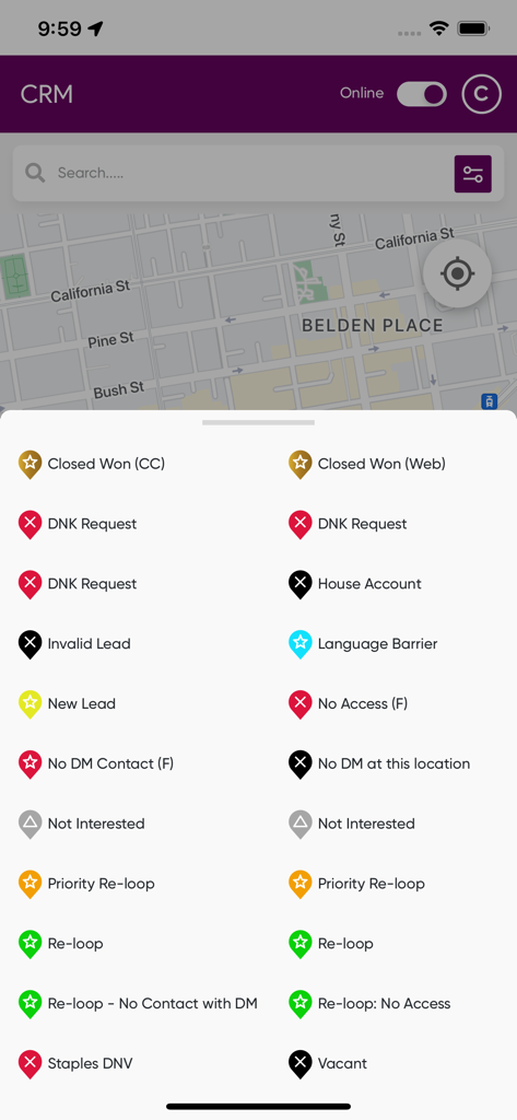 XpRep CRM - XpRep CRM interface showing a map with an overlay of lead status categories like Closed Won New Lead and Not Interested