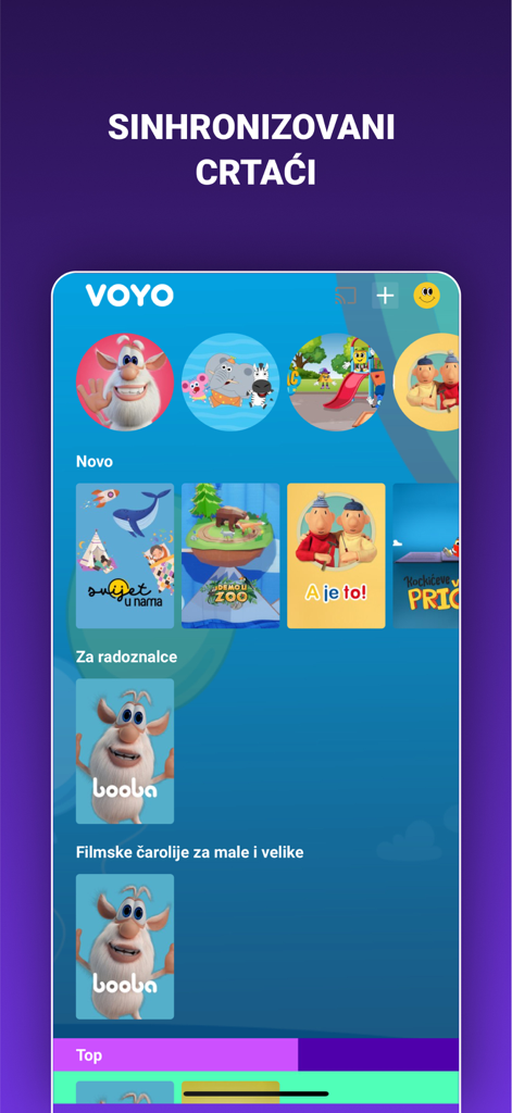 VOYO.rs - Interfaz de la aplicación VOYO que muestra dibujos animados sincronizados para niños en idioma serbio