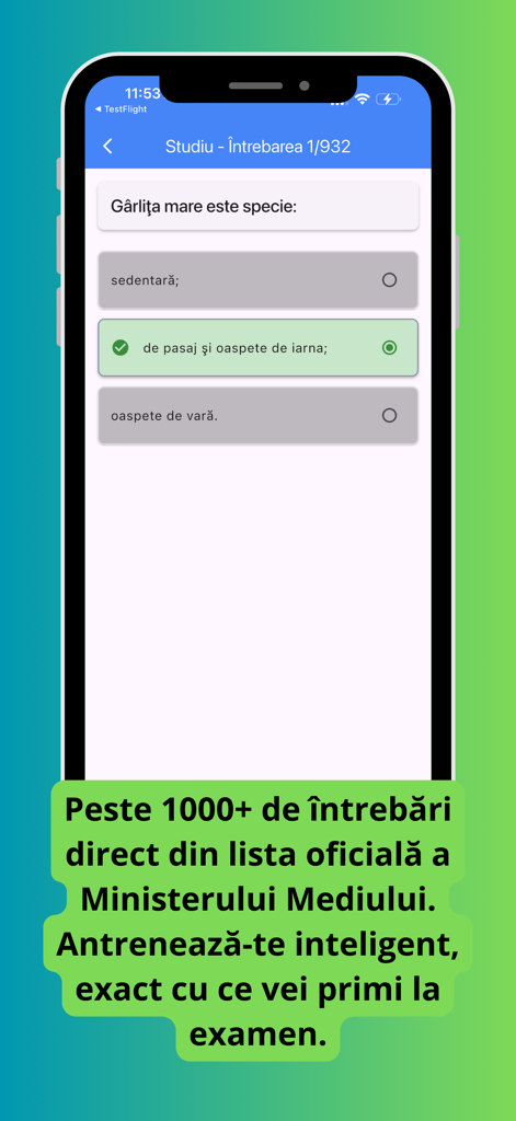 A mobile app screenshot showing a study question for the Romanian hunting exam with multiple choice options.