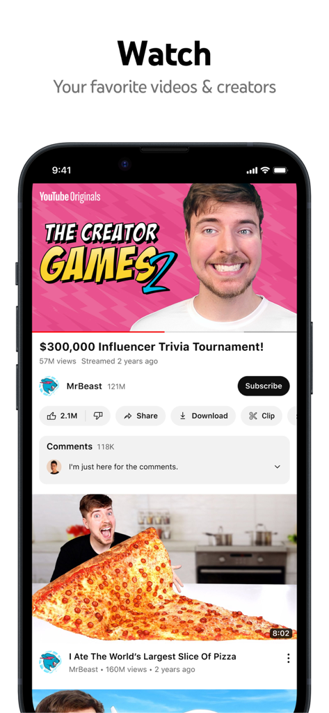 YouTube mobile app interface displaying a video from MrBeast with options to subscribe and comment