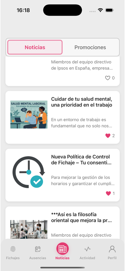 Interface of the MyTeam2Go HR app showing a corporate news feed with employee health and policy updates.