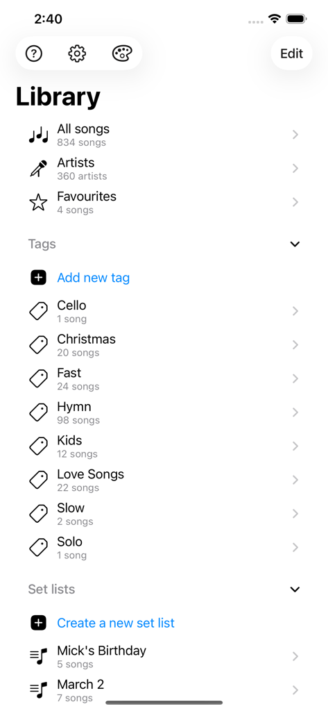 SongSheet Pro School Edition - Interfaz de biblioteca de música en SongSheet Pro mostrando etiquetas de canciones y setlists.