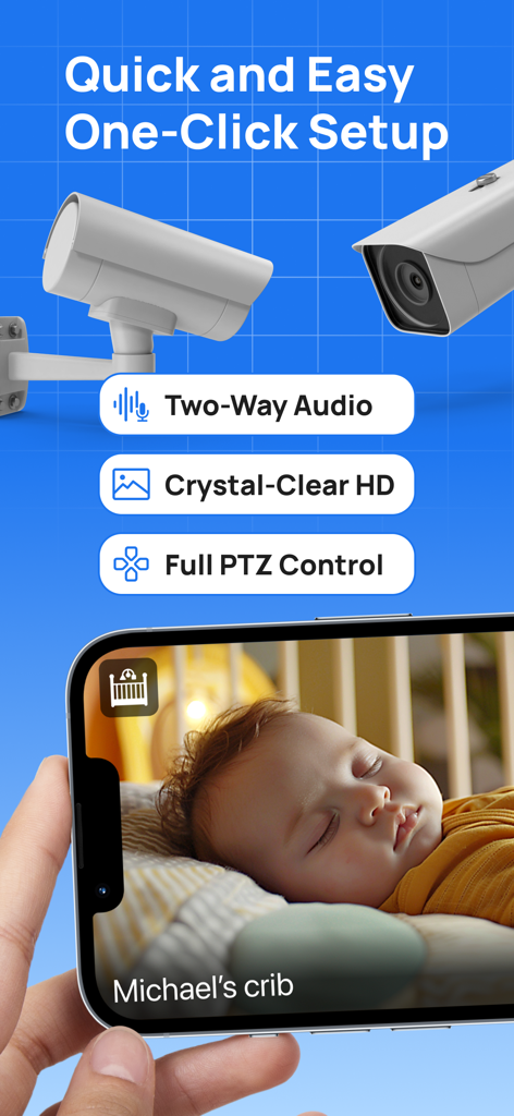 UniCam app displaying a baby monitor live feed on a smartphone with security features