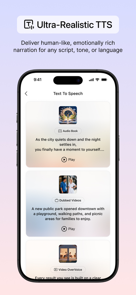 A smartphone display of the ListenHub AI app showing its ultra-realistic text to speech options for audiobooks and video narration.