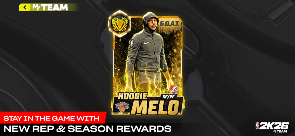 NBA 2K26 MyTEAM - 새로운 시즌 보상을 강조하는 NBA 2K26 MyTEAM의 Hoodie Melo GOAT 선수 카드