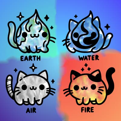 4 cats that represent the different elements, earth, water, air, and fire
