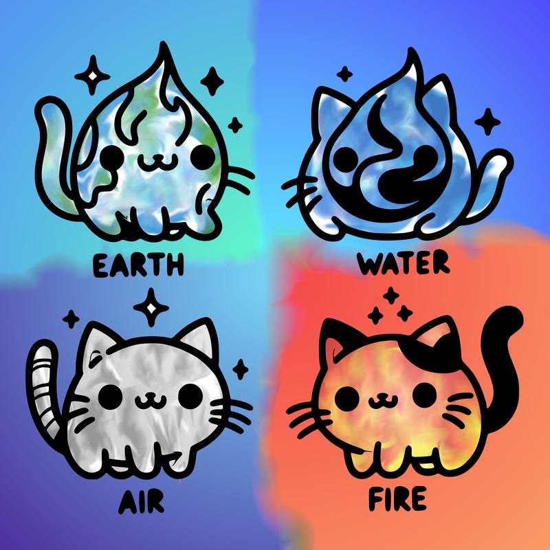 4 cats that represent the different elements, earth, water, air, and fire