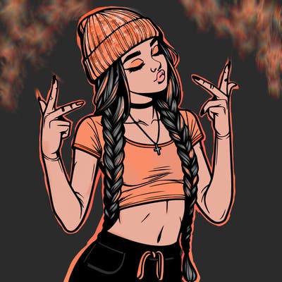 realistic teenage girl with braids and a beanie and crop top doing 🫶🏼