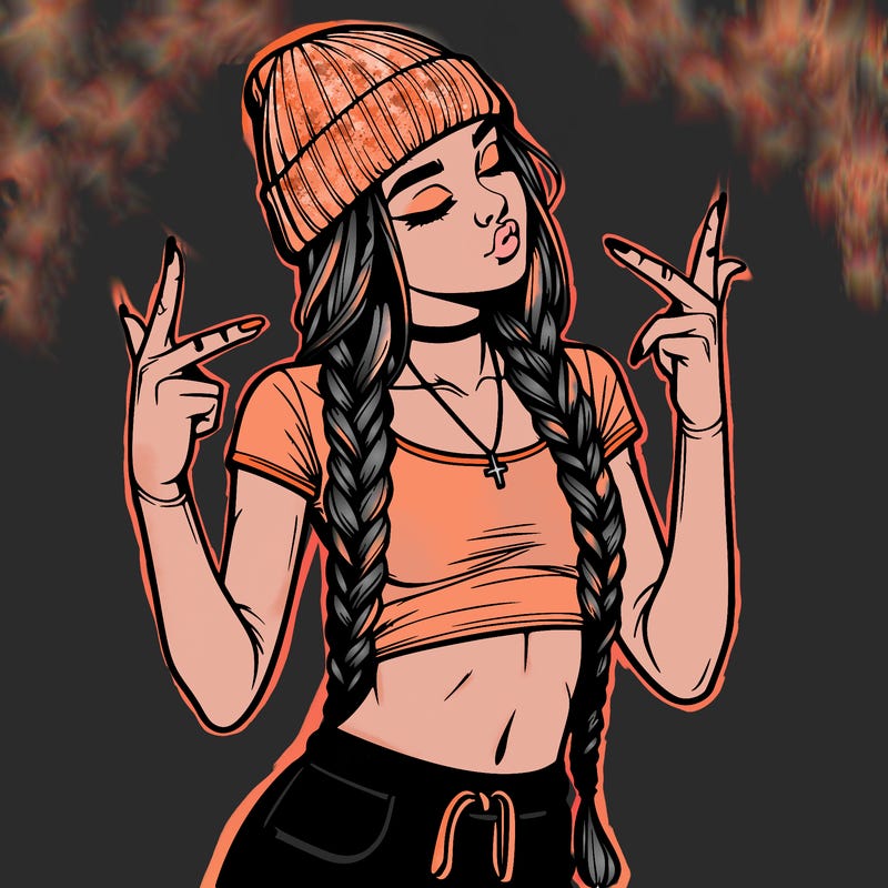 realistic teenage girl with braids and a beanie and crop top doing 🫶🏼