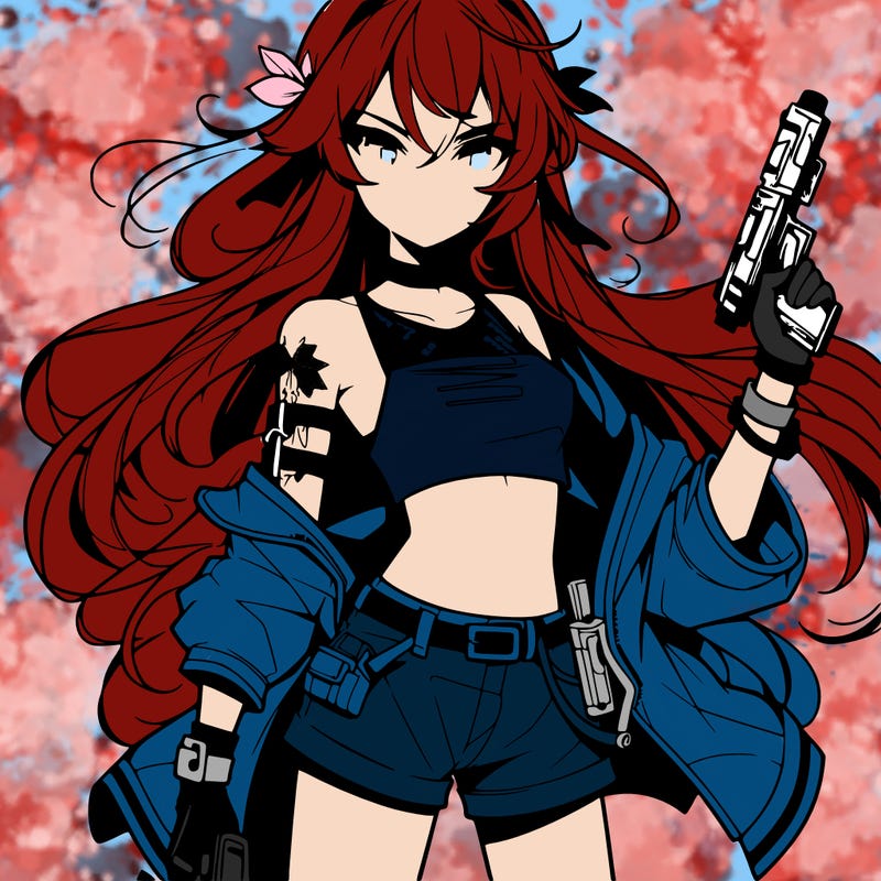 bad girl wearing crop top holding a gun long hair anime