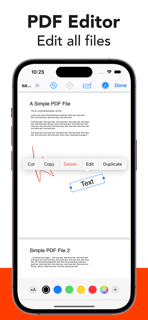 Video Saver - Video Downloader - An iPhone screen displaying the PDF Editor feature of the Video Saver app with tools to edit and annotate documents