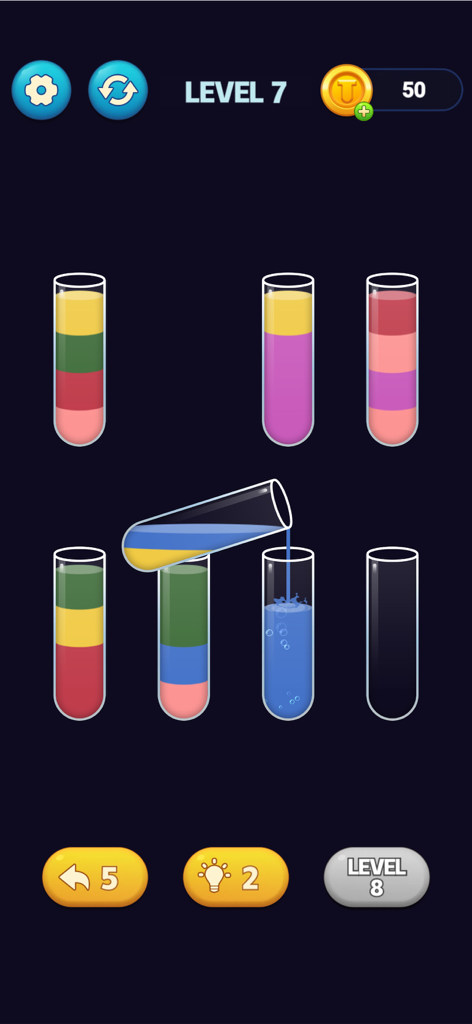 SortPuz mobile game screenshot showing colored water being poured into a test tube for a logic puzzle.