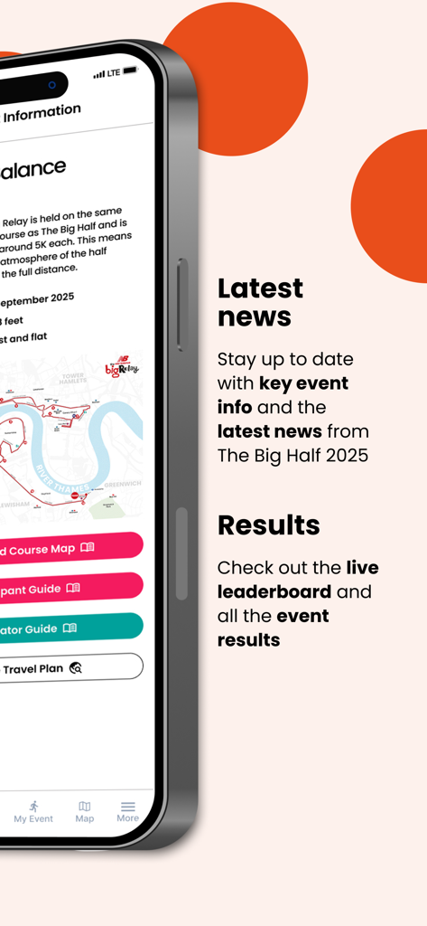 Oberfläche der Big Half 2025 App, die die Abschnitte für Veranstaltungsnachrichten und Rennergebnisse anzeigt.