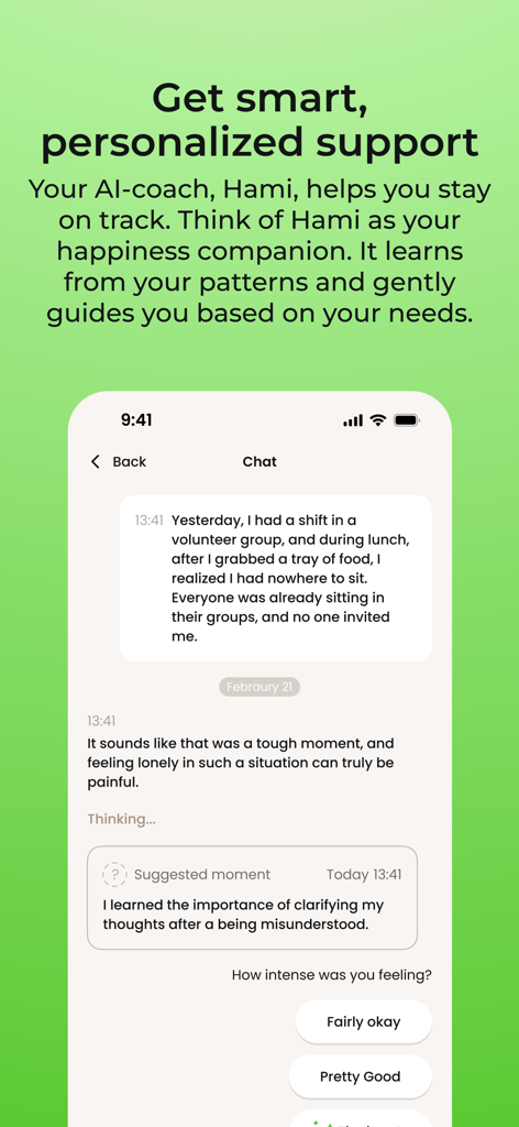 A chat screen from the HappyHero app showing Hami the AI happiness coach providing personalized emotional support to a user.