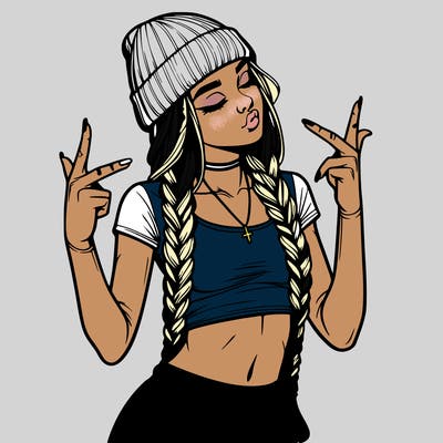 realistic teenage girl with braids and a beanie and crop top doing 🫶🏼