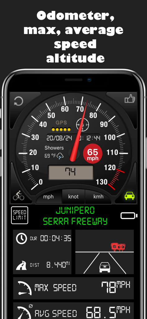 Speedometer ⊲ - Interfaz de la aplicación de velocímetro GPS mostrando velocidad, límite de velocidad y estadísticas de viaje