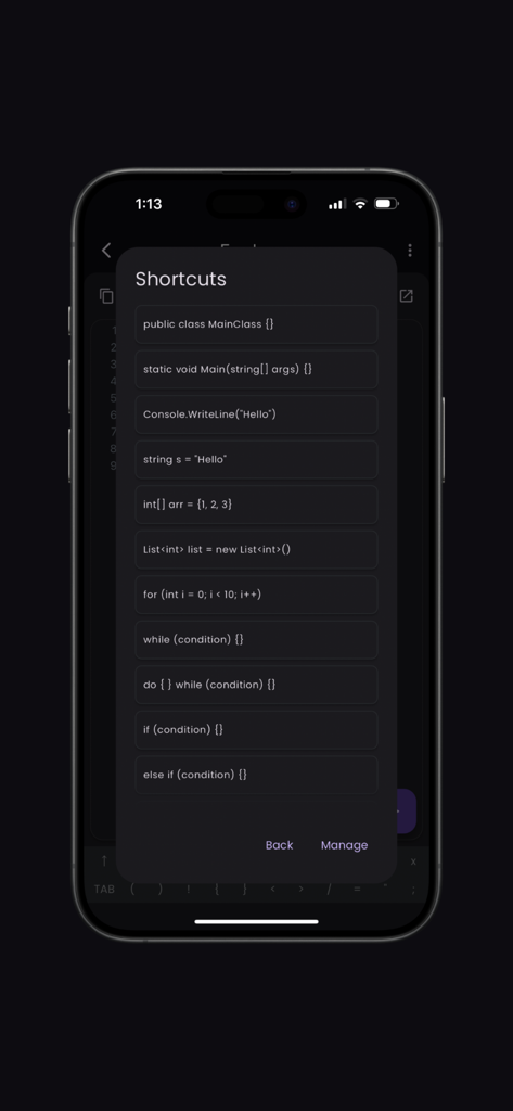 C# Compiler - C# Compiler app showing a list of common code shortcuts for faster mobile programming