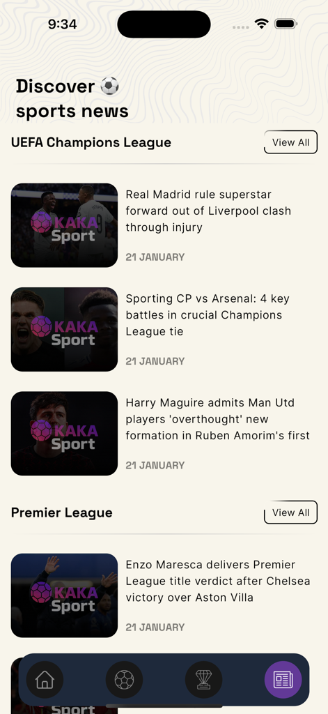 A news feed in the KAKA Sport app featuring football headlines for the UEFA Champions League and Premier League