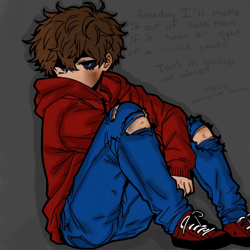 a male hoddie ripped jeans messy hair anime