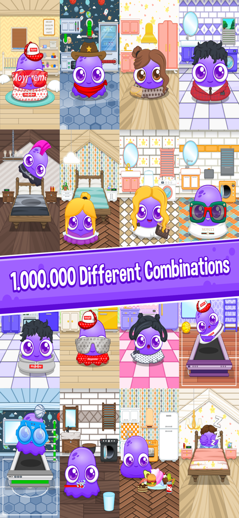Moy 6 - Virtual Pet Game - Collage of Moy 6 virtual pet characters in different outfits and rooms illustrating millions of combinations