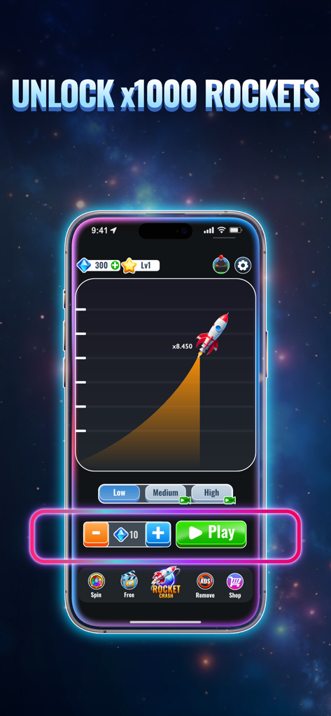 Crash Rocket - Crash Game - A rocket launching on a multiplier graph in the Crash Rocket mobile arcade game interface.