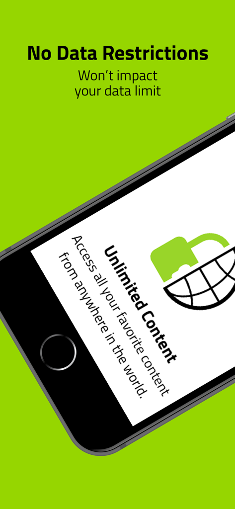 Webroot VPN app screen showing no data restrictions and unlimited global content access.