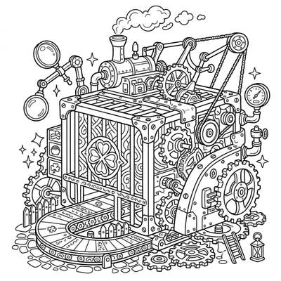 Unleash your creativity with this unique Steampunk Leprechaun Trap coloring page, blending intricate machinery with Irish charm. This detailed design promises hours of engaging fun for all ages.