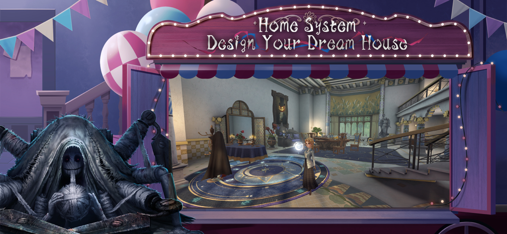A screenshot of Identity V showing the Home System feature where players can design and decorate a gothic Victorian style room for their characters.