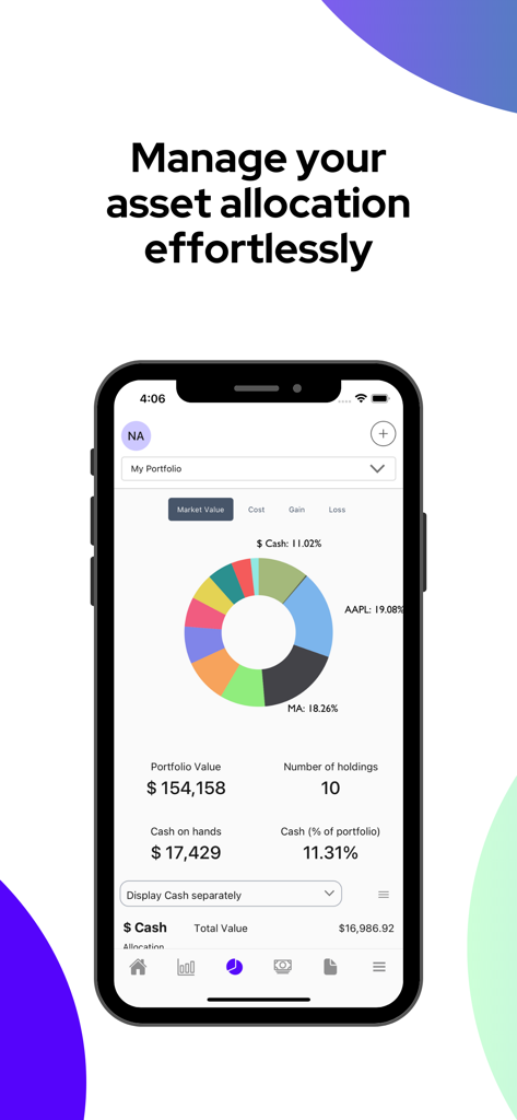 Portseido - Aplicativo móvel Portseido exibindo um gráfico de rosca colorido de alocação de ativos do portfólio e métricas de investimento