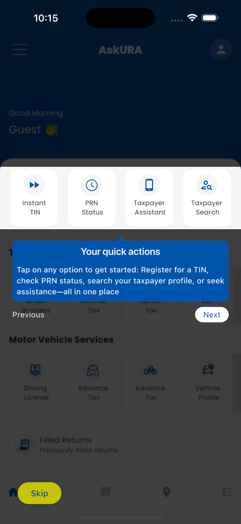 AskUra - Home screen of the AskURA app featuring a quick actions tutorial for tax services like TIN registration and PRN status.