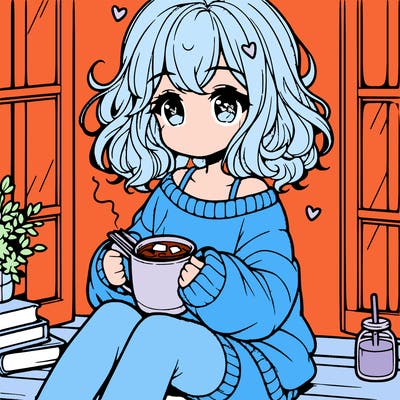 cute anime girl reading book and drinking hot chocolate from mug with loose wavy hair wearing a baggy sweatshirt and shorts sitting by windowsill looking out