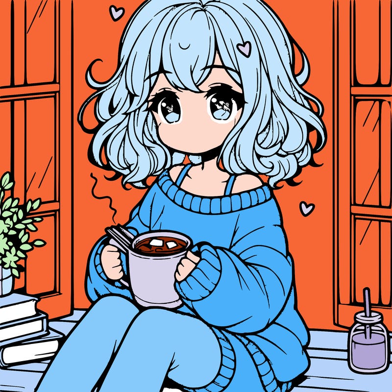 cute anime girl reading book and drinking hot chocolate from mug with loose wavy hair wearing a baggy sweatshirt and shorts sitting by windowsill looking out