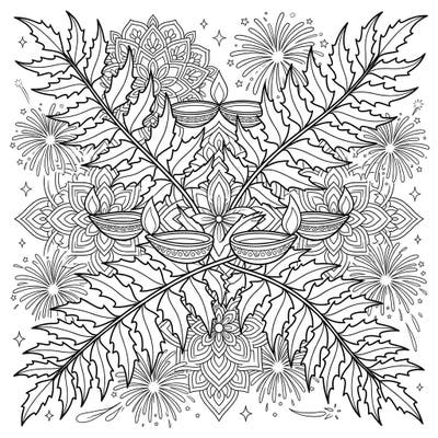 Immerse yourself in the festive spirit of Diwali with this unique coloring page, blending the beauty of holly fern leaves with traditional celebration elements. Discover a harmonious design filled with diyas, mandalas, and fireworks, ready for your creative touch.