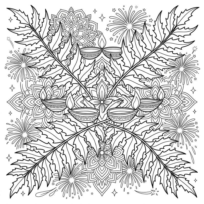 Immerse yourself in the festive spirit of Diwali with this unique coloring page, blending the beauty of holly fern leaves with traditional celebration elements. Discover a harmonious design filled with diyas, mandalas, and fireworks, ready for your creative touch.