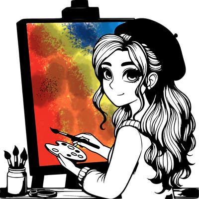 realistic girl artist painting a blank canvas