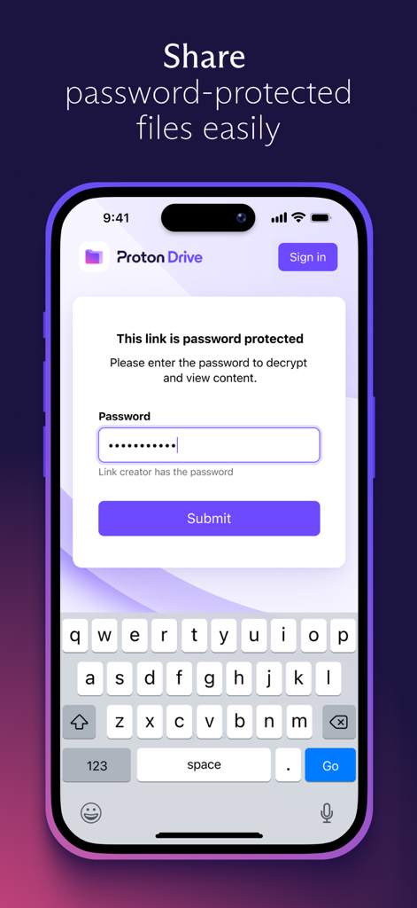 Proton Drive: Cloud Storage - Schermata dell'app Proton Drive che mostra l'inserimento della password per un link di file sicuro.