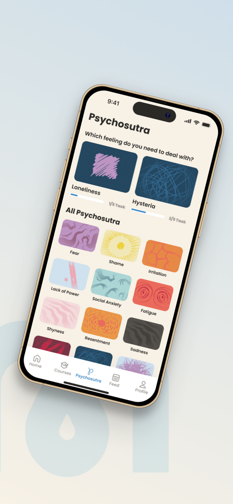 Mindspa - Mindspa app Psychosutra screen displaying coping exercises for emotions including loneliness fear and social anxiety