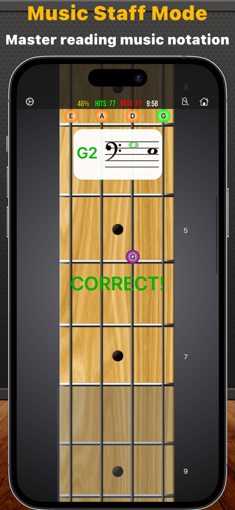Fretuoso - Fretuoso app interface showing music staff mode for bass fretboard training