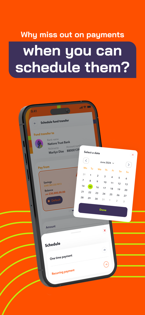 Interface de l'application mobile FriMi montrant comment programmer des transferts de fonds ponctuels ou récurrents à l'aide d'un sélecteur de date.