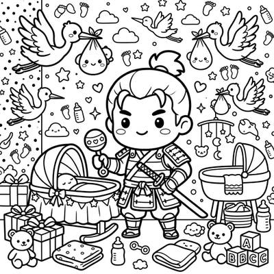 Get ready for an incredibly cute celebration with our Kawaii Ronin Baby Shower coloring page! Join this sweet samurai warrior as he prepares for new arrivals amidst storks, baby items, and heartwarming gifts.
