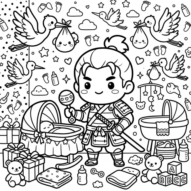 Get ready for an incredibly cute celebration with our Kawaii Ronin Baby Shower coloring page! Join this sweet samurai warrior as he prepares for new arrivals amidst storks, baby items, and heartwarming gifts.