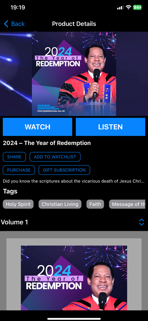 Pastor Chris Digital Library - Product details page for the 2024 Year of Redemption message on the Pastor Chris Digital Library app